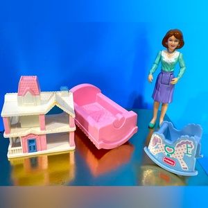 PLAYSKOOL VTG 90s DOLLHOUSE ROCKING HORSE & CRIB, MOM & MINI DOLLHOUSE REPLICA